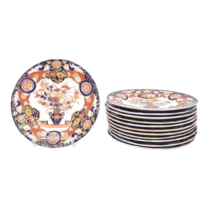 set of twelve masons ironstone fence and vase dinner plates england circa 1830s 7343