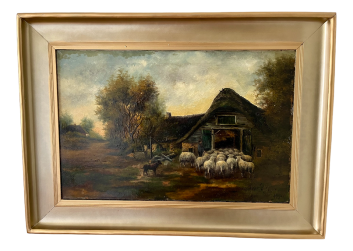 sheep at the sheepfold 1890s oil on canvas framed 0368