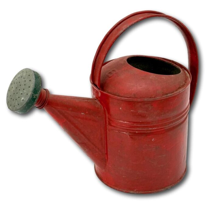 small 6 quart size vintage american steel and brass garden sprinkler watering can with great red paint 0039