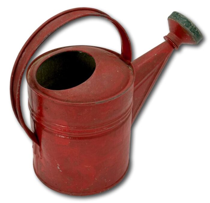 small 6 quart size vintage american steel and brass garden sprinkler watering can with great red paint 1770