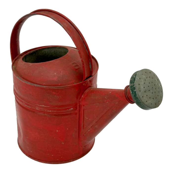 small 6 quart size vintage american steel and brass garden sprinkler watering can with great red paint 1852