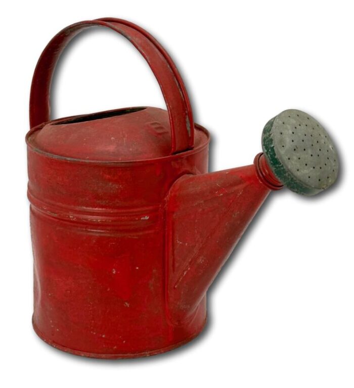 small 6 quart size vintage american steel and brass garden sprinkler watering can with great red paint 4000