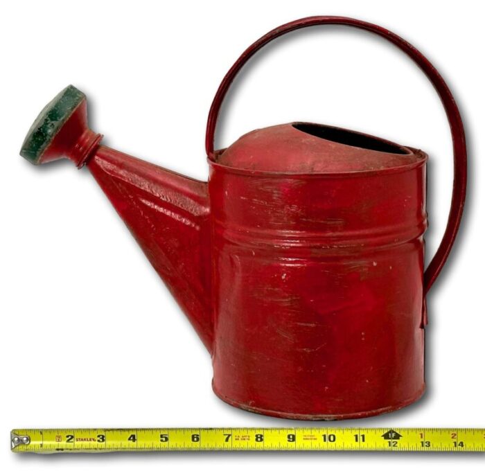 small 6 quart size vintage american steel and brass garden sprinkler watering can with great red paint 4686