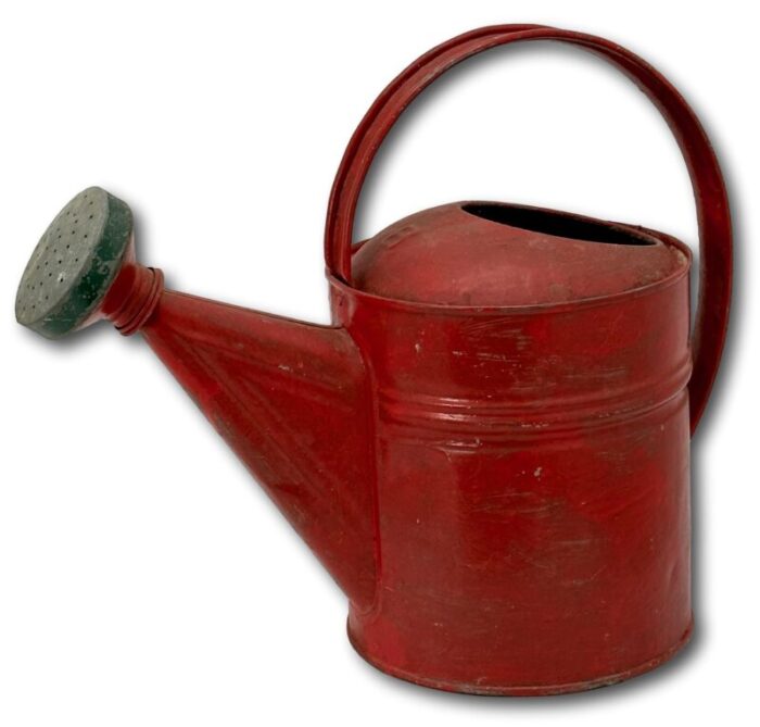 small 6 quart size vintage american steel and brass garden sprinkler watering can with great red paint 5582