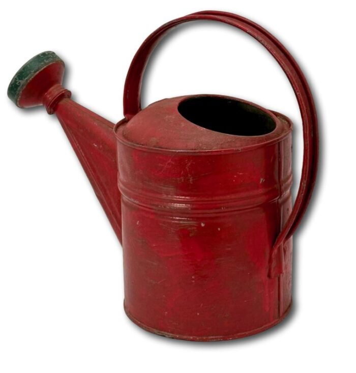 small 6 quart size vintage american steel and brass garden sprinkler watering can with great red paint 8364