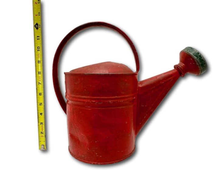 small 6 quart size vintage american steel and brass garden sprinkler watering can with great red paint 8549