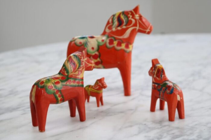 swedish wooden dala horse toys 1960s set of 4 5916