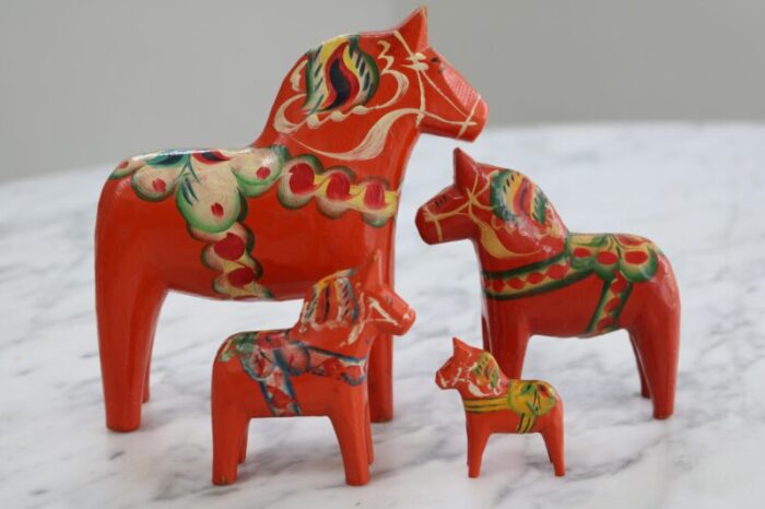 swedish wooden dala horse toys 1960s set of 4 7958