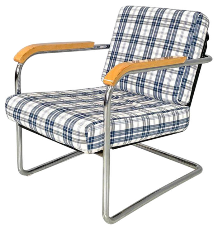 swiss blue tartan and white armchair by werner max moser for embru 2000s 0037