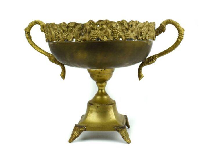 tall mid 20th century solid brass large pedestal bowl with grape vine design and handles centerpiece 0496