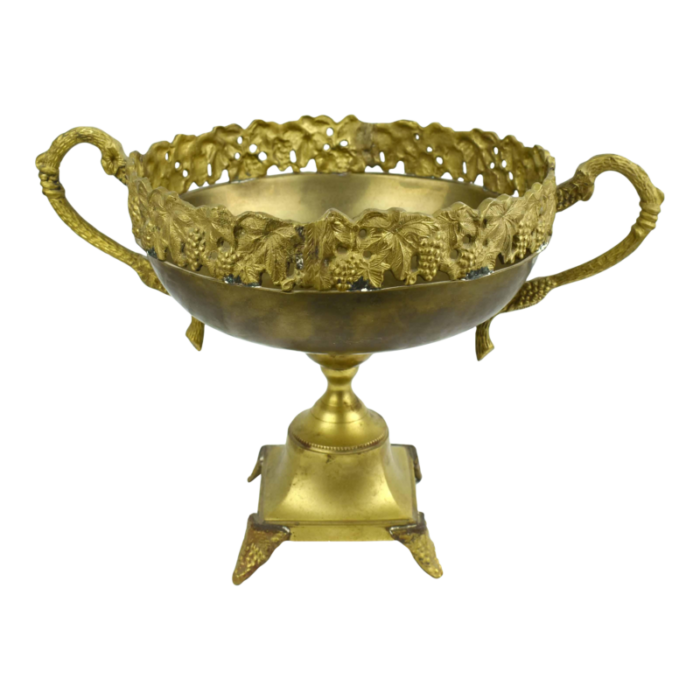 tall mid 20th century solid brass large pedestal bowl with grape vine design and handles centerpiece 0690