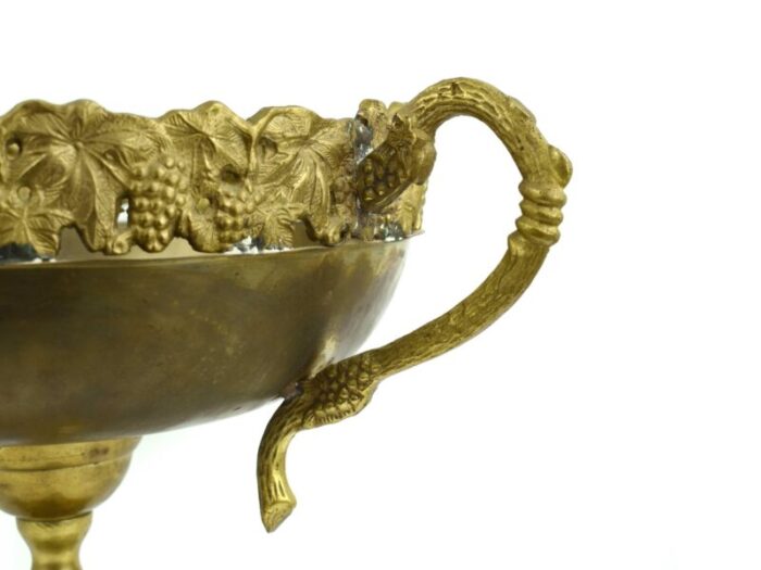 tall mid 20th century solid brass large pedestal bowl with grape vine design and handles centerpiece 1335