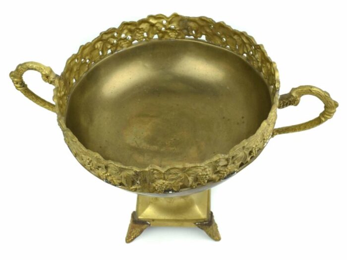 tall mid 20th century solid brass large pedestal bowl with grape vine design and handles centerpiece 4626