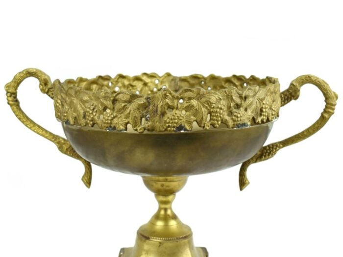 tall mid 20th century solid brass large pedestal bowl with grape vine design and handles centerpiece 9655