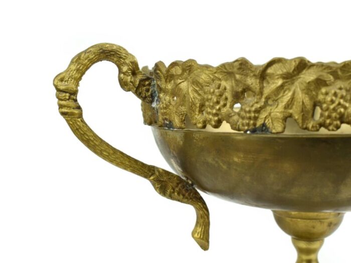 tall mid 20th century solid brass large pedestal bowl with grape vine design and handles centerpiece 9911