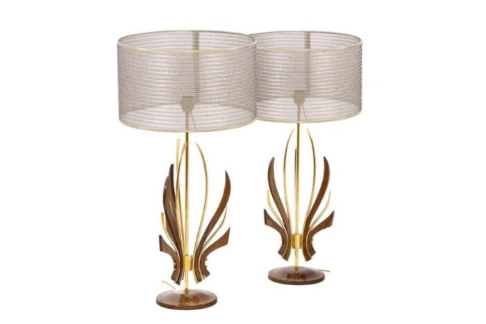 teak gilt brass table lamp 1970s set of 2 1