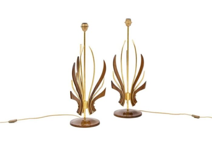 teak gilt brass table lamp 1970s set of 2 2