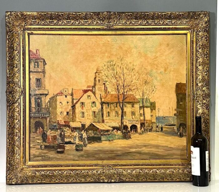 the brittany market place france original antique oil on canvas by american listed artist dennis ainsley 8062