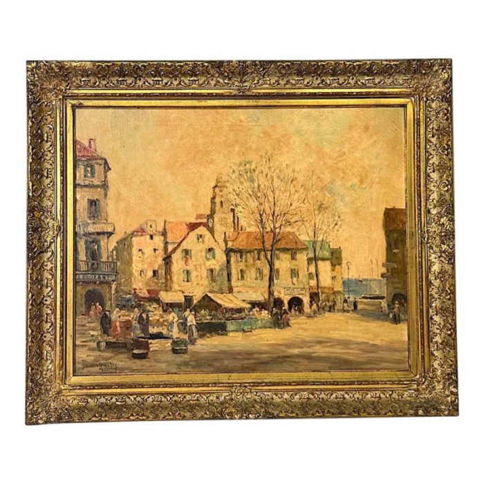 the brittany market place france original antique oil on canvas by american listed artist dennis ainsley 8935