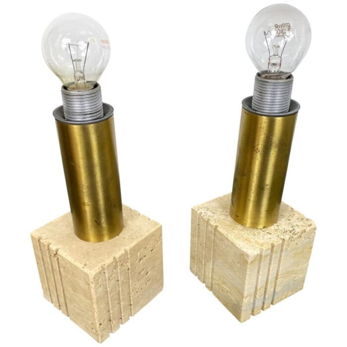 travertine marble brass table lamp from fratelli mannelli italy 1970s 1