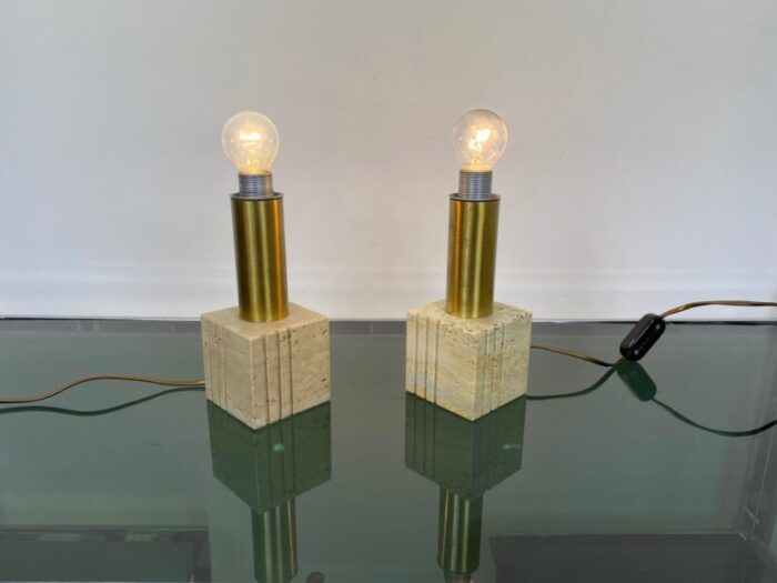 travertine marble brass table lamp from fratelli mannelli italy 1970s 10