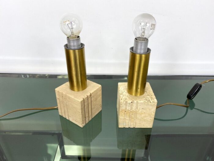 travertine marble brass table lamp from fratelli mannelli italy 1970s 12