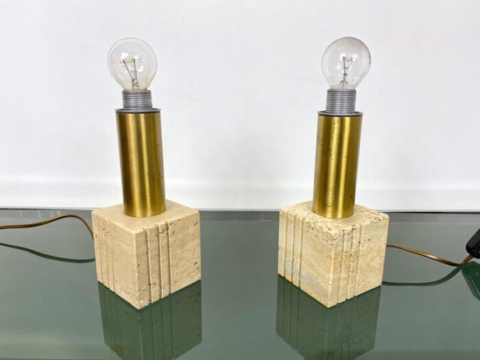 travertine marble brass table lamp from fratelli mannelli italy 1970s 2