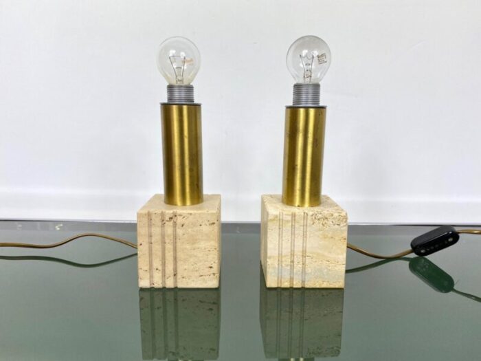 travertine marble brass table lamp from fratelli mannelli italy 1970s 5