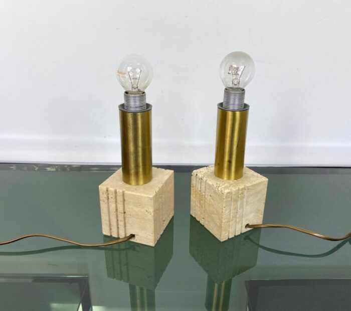 travertine marble brass table lamp from fratelli mannelli italy 1970s 8