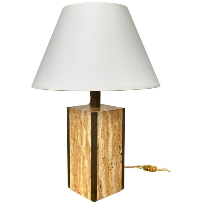 travertine walnut brass table lamp italy 1970s 1