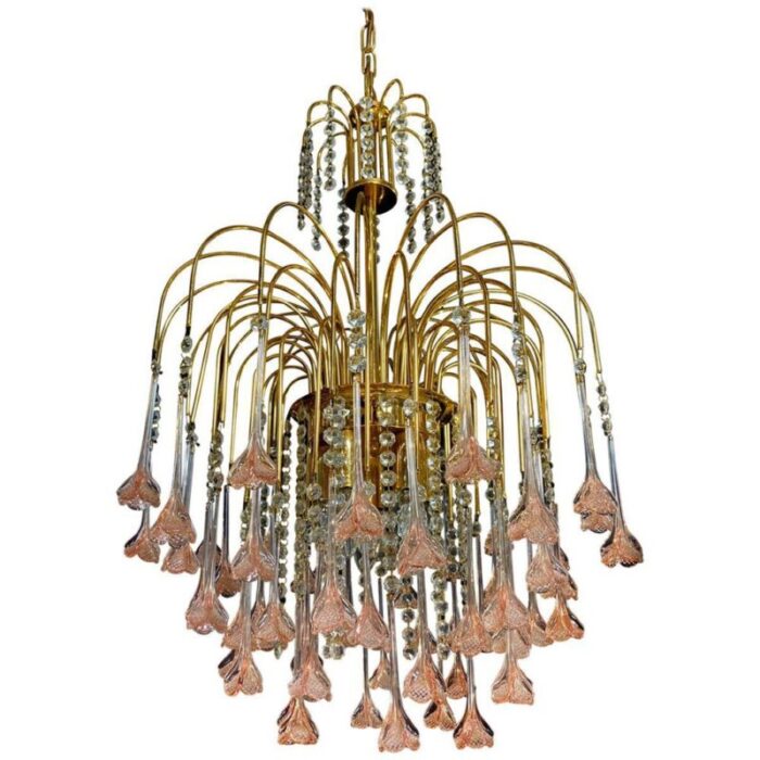 venetian pink flowers murano glass chandelier 1970s 1