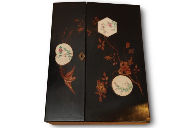 victorian japanned writing slope with decorative enamel inlays and a fitted interior with black velvet set of 2 1044