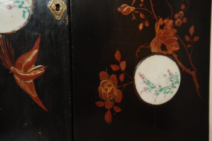 victorian japanned writing slope with decorative enamel inlays and a fitted interior with black velvet set of 2 7085