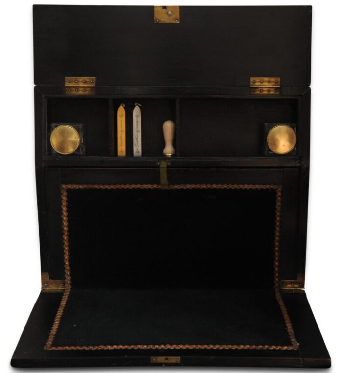 victorian japanned writing slope with decorative enamel inlays and a fitted interior with black velvet set of 2 7583