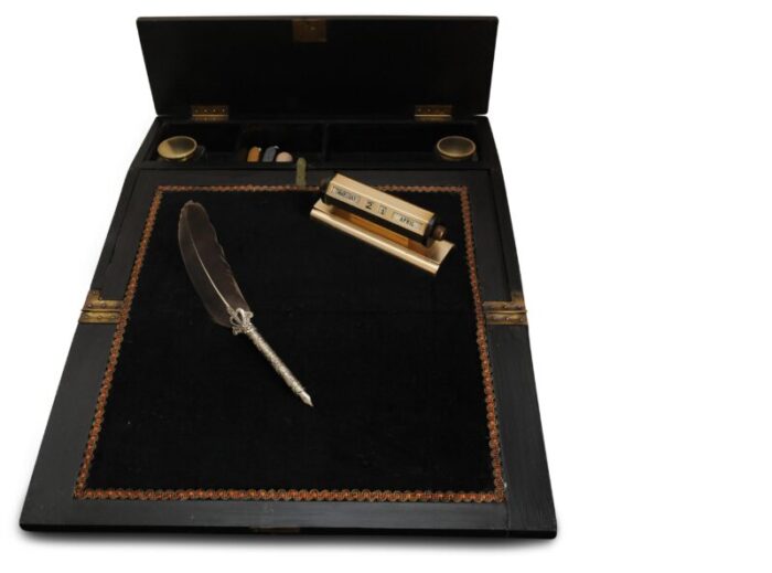 victorian japanned writing slope with decorative enamel inlays and a fitted interior with black velvet set of 2 8096