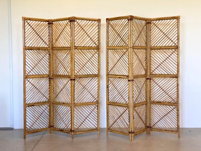 vintage bamboo and leather screens 1970s set of 2 2014