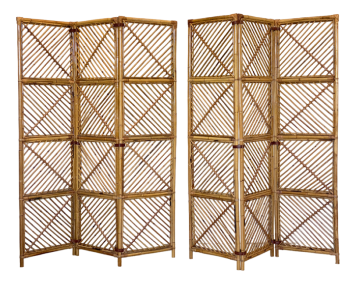 vintage bamboo and leather screens 1970s set of 2 3789