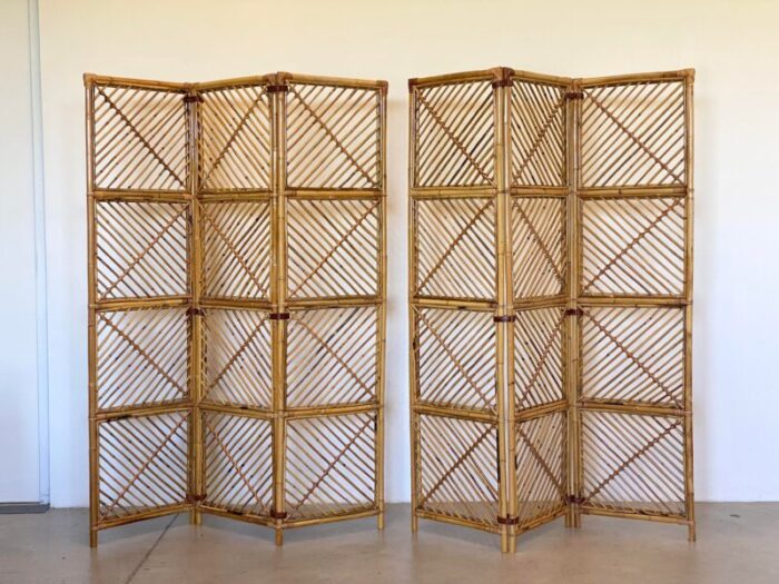 vintage bamboo and leather screens 1970s set of 2 5276