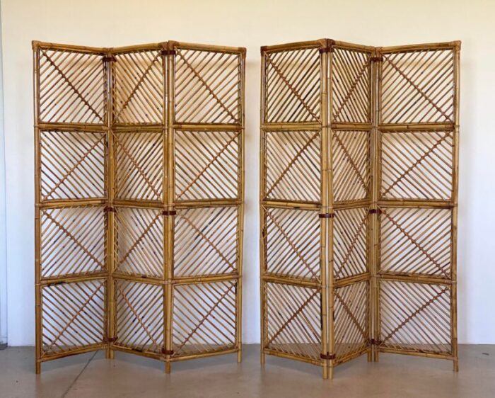 vintage bamboo and leather screens 1970s set of 2 6162