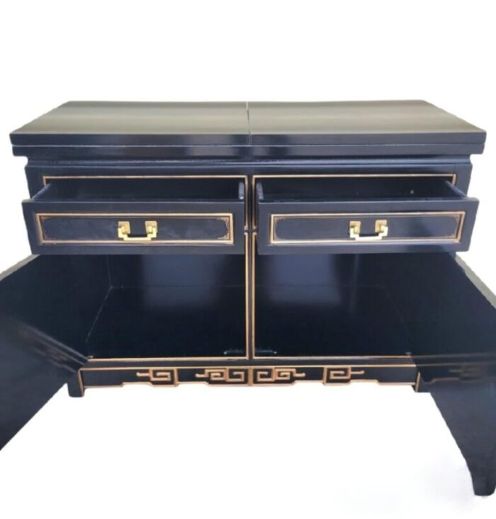 vintage black lacquered chinoiserie pagoda asian greek key flip top open bar server buffet cabinet 3373