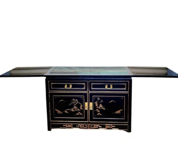 vintage black lacquered chinoiserie pagoda asian greek key flip top open bar server buffet cabinet 5976