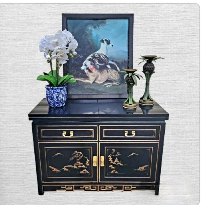 vintage black lacquered chinoiserie pagoda asian greek key flip top open bar server buffet cabinet 6167