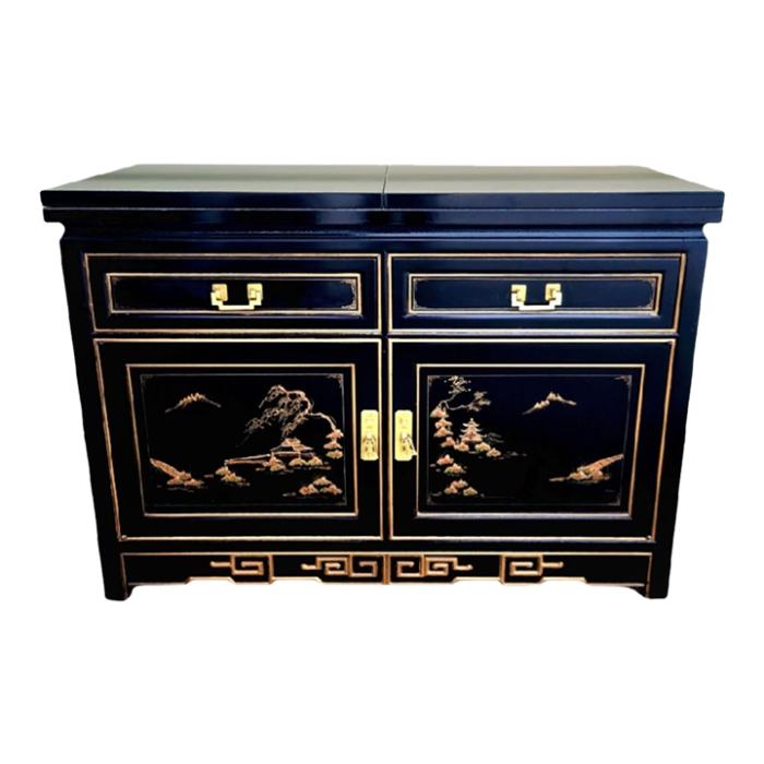 vintage black lacquered chinoiserie pagoda asian greek key flip top open bar server buffet cabinet 6422