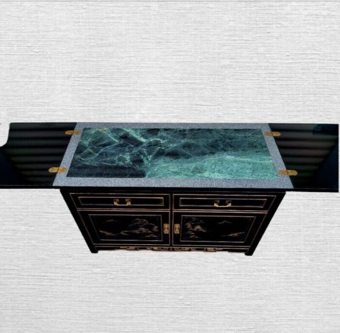 vintage black lacquered chinoiserie pagoda asian greek key flip top open bar server buffet cabinet 8474