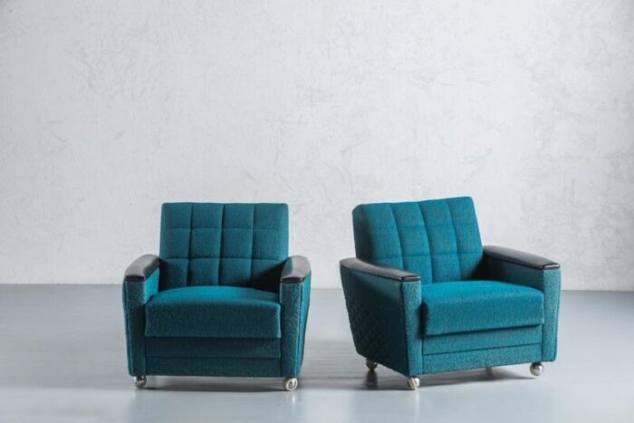 vintage blue fabric and leatherette armchairs on wheels germany 1970s set of 2 3260