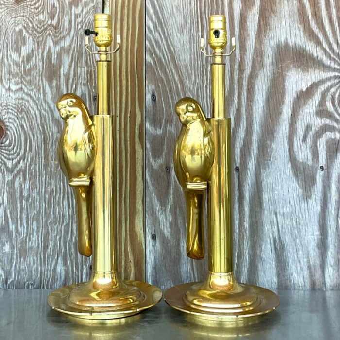 vintage boho polished brass parrot lamps a pair 5383