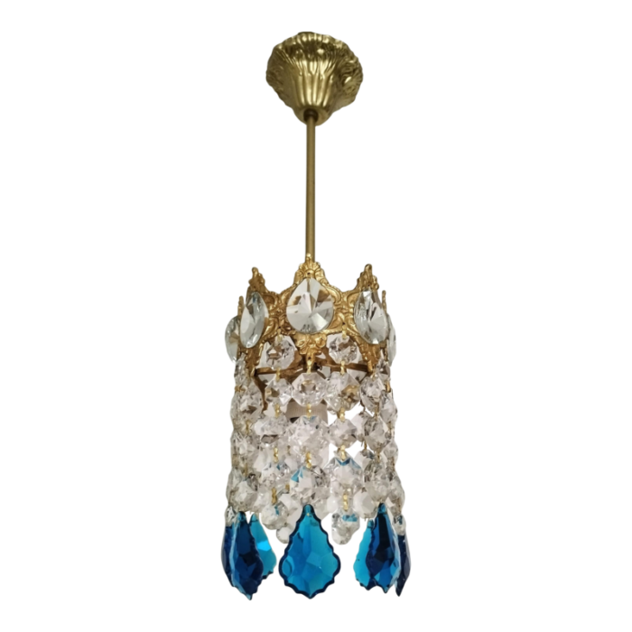 vintage brass blue single crystal pendant 70s 7555