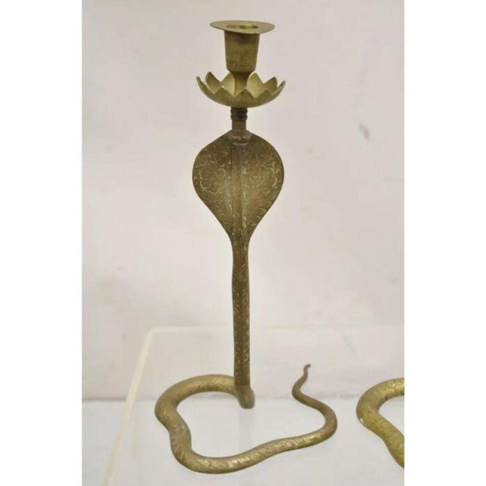 vintage brass figural hollywood regency coiled cobra snake candlesticks a pair 0550