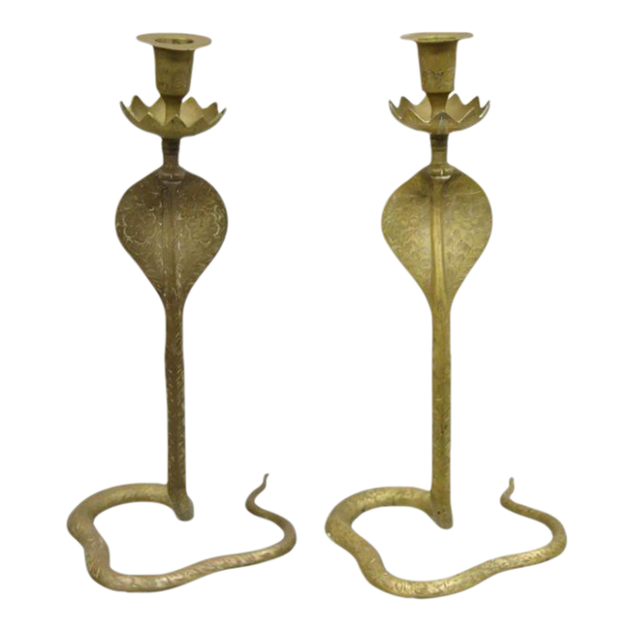 vintage brass figural hollywood regency coiled cobra snake candlesticks a pair 2876