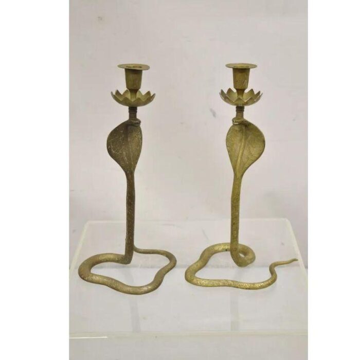 vintage brass figural hollywood regency coiled cobra snake candlesticks a pair 3358